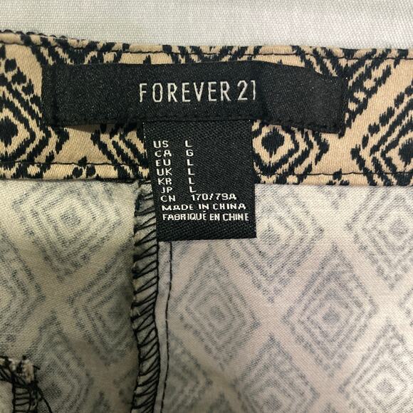 Forever 21 Women L Tan Black Diamond Print Pants Side Zip Stretch Trousers - Picture 4 of 6